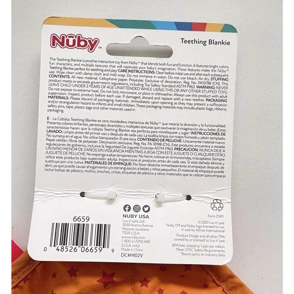 Nuby Lion Plush Teether Teething Blankie Squeaker Colorful 3+ Months BPA Free